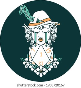icon of crying elf bard character with natural one D20 roll