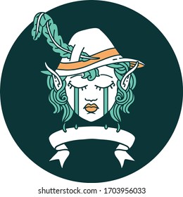 icon of crying elf bard character face with banner
