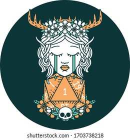 icon of crying elf druid character face with natural one D20 roll