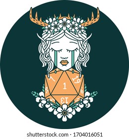 icon of crying elf druid character face with natural one D20 roll
