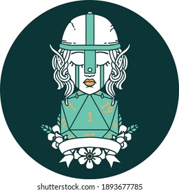 icon of crying elf fighter character face with natural one D20 roll