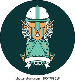 icon of crying elf fighter character face with natural one D20 roll