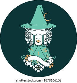 icon of crying elf mage character face with natural one D20 roll