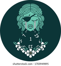 icon of crying half orc rogue character with natural one D20 roll