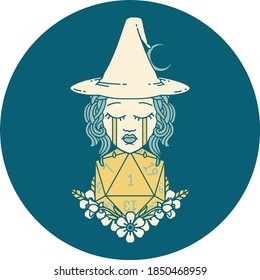 icon of crying human witch with natural one D20 dice roll