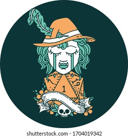 icon of crying orc bard character with natural one D20 roll