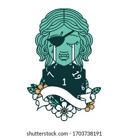 icon of crying orc rogue character face with natural one d20 dice roll