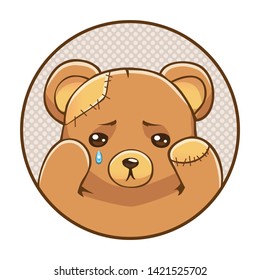 Icon of crying teddy bear. Vector round sticker of sad bear toy with patches