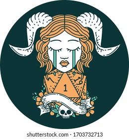icon of crying tiefling with natural one D20 dice roll