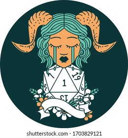 icon of crying tiefling with natural one D20 roll