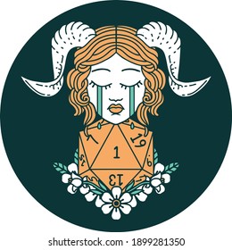 icon of crying tiefling with natural one D20 dice roll