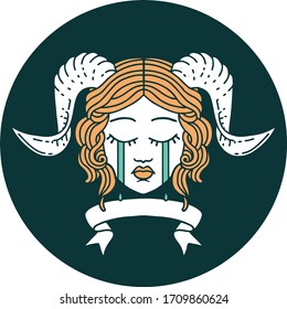 icon of crying tiefling with scroll banner