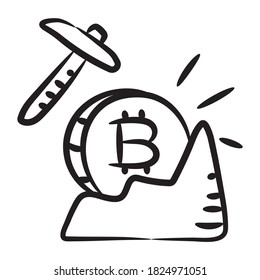 Icono de minería de criptodivisa en diseño de doodle, btc con pickaxe 