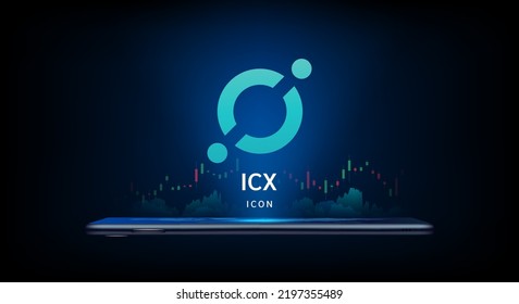 ICON cryptocurrency symbol come out from smartphone with growth chart. Trading crypto currency on application. Financial investment banner for news or website. Icon coin token vector EPS10.