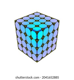 Icon of a cube consisting of small cubes and circles. Volumetric symbol of logic and task. Colored vector graphics.