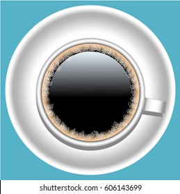 icon cup with black coffee with foam on plate isolated.