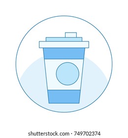 Icon with a cup of coffee in blue. Mug in a circle. Vector flat line illustration