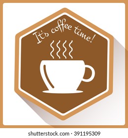 Icon with cup of coffee in flat style with long shadow. Vector illustration
