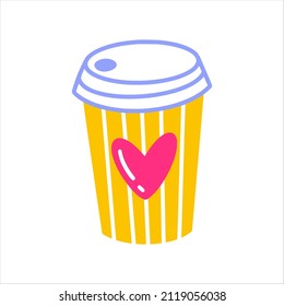 An icon of cup of coffee with heart label. Hand drawn vector illustration for valentine cards, gifts and souvenirs.