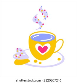 An icon of cup of coffee with heart-shaped cookies. Hand drawn vector illustration for valentine cards, gifts and souvenirs.
