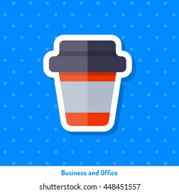 Icon cup of coffee on blue background in flat style. Sign, symbol, sticker for web design.