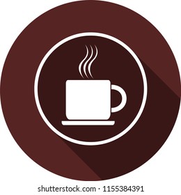 Icon of a cup of coffee in a white circle outline. White flat image with a long shadow