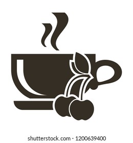 Icon cup of hot tea with cherry flavor. Logo in flat style on a white background.