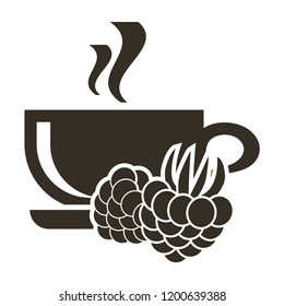 Icon cup of hot tea with raspberry flavor. Logo in flat style on a white background.