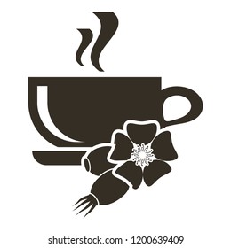 Icon cup of hot tea with taste of wild rose. Logo in flat style on a white background.