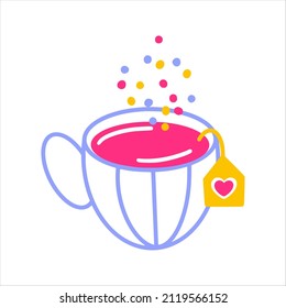 An icon of cup of tea with heart label of teabag outside. Hand drawn vector illustration for valentine cards, gifts and souvenirs.