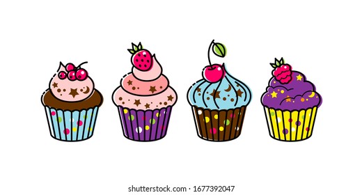 Icon cupcake with berries on a white background. Cupcake in flat style. Vector illustration.