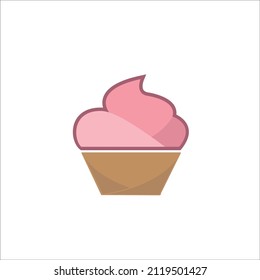 The icon is a cupcake logo with pink cream. Pink strawberry ice cream in a waffle cup. Vector image of food.