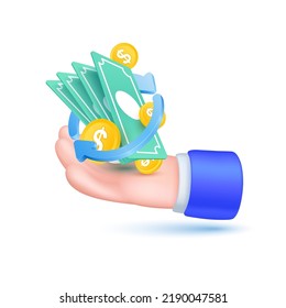 Icon currency exchange. Blue arrows circling around banknote green and dollar gold coin floating in hand. Isolated on white background. Online payment concept. 3D Vector EPS10 illustration.