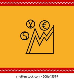 Icon of currency rate graph with dollar, euro, yen signs