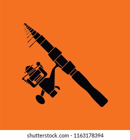 Icon of curved fishing tackle. Orange background with black. Vector illustration.