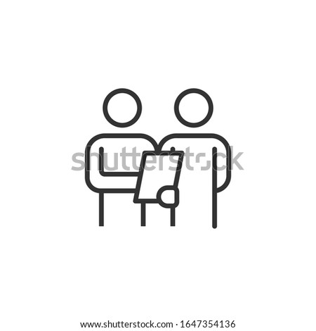 Icon of customer survey. Manager, paperwork, team. Cooperation concept. Vector