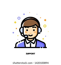 Icon of cute boy with headset which symbolizes customer service or call center for help and support concept. Flat filled outline style. Pixel perfect 64x64. Editable stroke