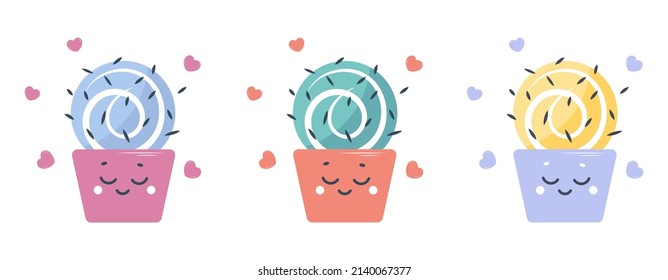 Icon of cute cacti with hearts in a pink pot. Positive vector illustration in cartoon style. Poster, print, sticker, greeting card, banner, web. Flat style closeup.