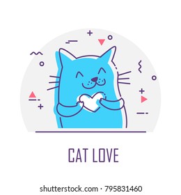 Icon with cute cat and heart in a circle. Thin line flat design. Vector.