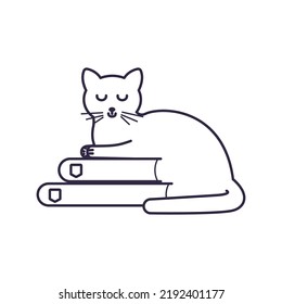 Icono de un lindo gato tirado en los libros. Ilustración vectorial aislada con un gatito dormido para su diseño