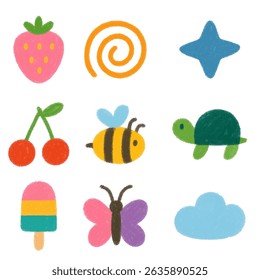 Icône Enfant mignon isolé Crayon Doodle jeu de dessins. Enfant, arrière-plan, Enfants Dessin animé Alimentation animale Fruit Nuage Tortue Abeille Papillon Spirale Cerise Fraises. Été Enfants ensemble d'Éducations de forme colorée