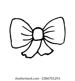 Icon of cute contour of bow tie or bow for gift isolated on white background. Vector illustration in doodle style.