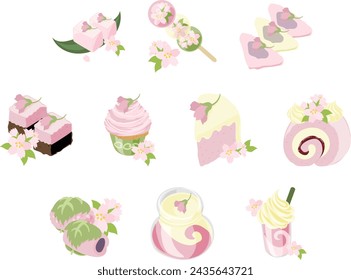 The icon of cute and delicious cherry blossom sweets such as yokan and dang and yatsuhashi and brownie and mont blanc and chiffon cake and roll cake and sakuramochi and pudding and smoothie.