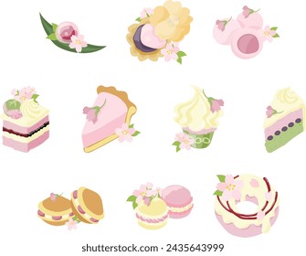 The icon of cute and delicious cherry blossom sweets such as mizumanju and monaka and daifuku and cake and tart and cupcake and dorayaki and macaron and donut.