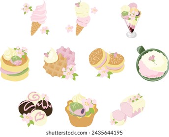 The icon of cute and delicious cherry blossom sweets such as soft serve ice cream and ice cream and parfait and pancake and waffle and busse and latte and chocolate and tart and pound cake.