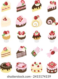 The icon of cute and delicious strawberry sweets such as shortcake and roll cake and cupcake and mille crepe and chocolate and candy