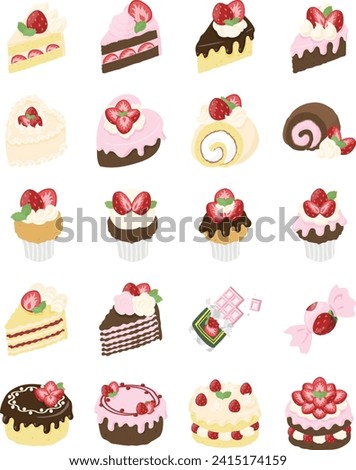 The icon of cute and delicious strawberry sweets such as shortcake and roll cake and cupcake and mille crepe and chocolate and candy