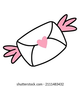An icon of cute envelope with pink wings and heart stamp on it. 