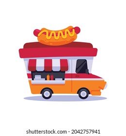 icon cute food trucks Hot dogs, vector illustration, Fast food truck city car, Flat style. Flat design