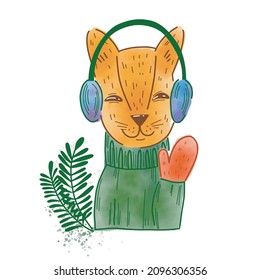  Icon of a cute fox in winter clothes in vector. Funny winter animals in watercolor style